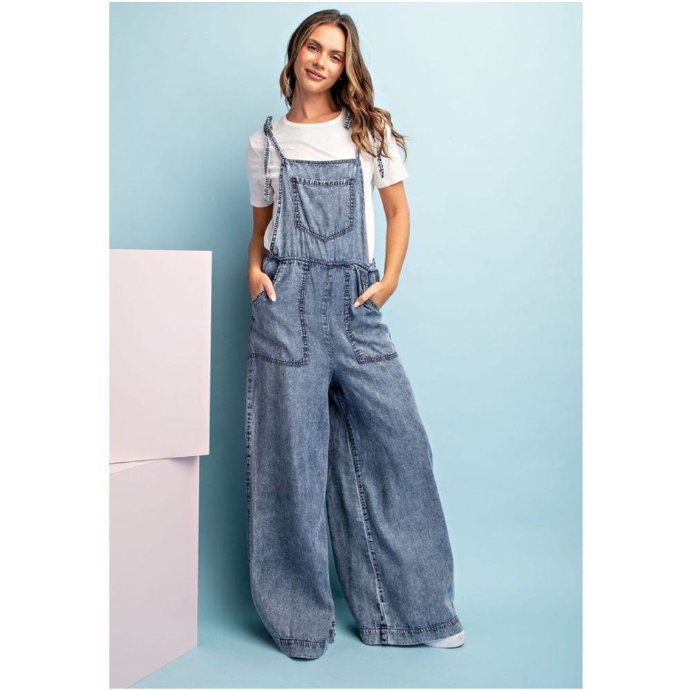 031 Boho Blue Mineral Washed Wide Leg Pockets Jumpsuit - Picture 6 of 10